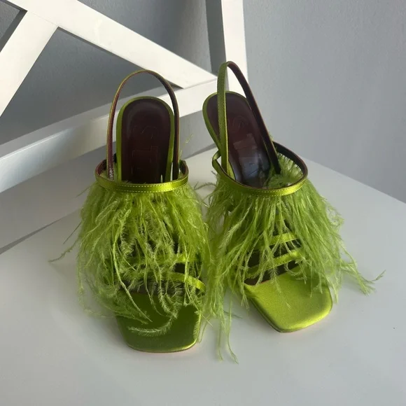 NWOT Staud Anise Feather-Trimmed Satin Heeled Sandals in Lime Green Size EU 36 - Picture 6 of 14
